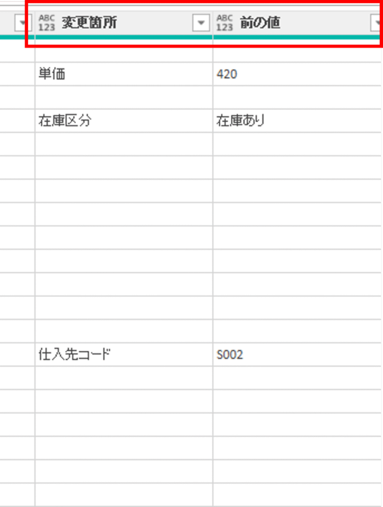 カスタム列によって「変更箇所」と「前の値」が自動抽出され、リスト化されたPower Queryのデータプレビュー